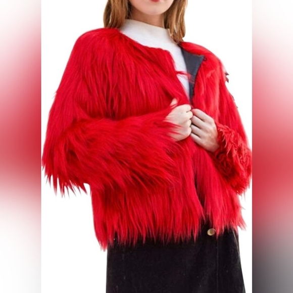 QIYE Vibrant Red Faux Fur Jacket for Women Small EUC PTP 18 - Picture 1 of 6